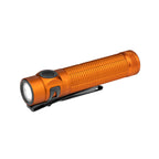 Orange Olight Baton 3 Pro tactical flashlight with diamond-patterned body and black pocket clip, angled on white background.