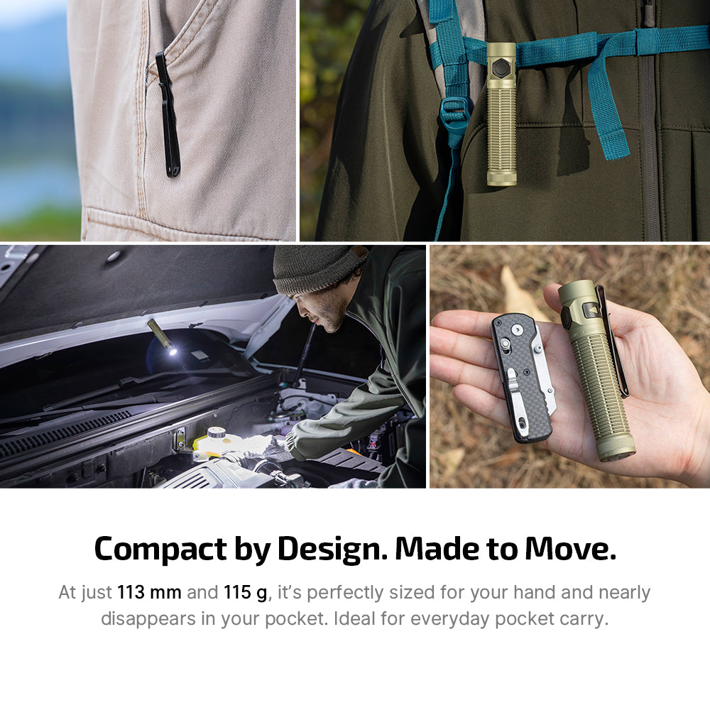 Olive Green Baton Ultra clipped to a backpack for everyday carry