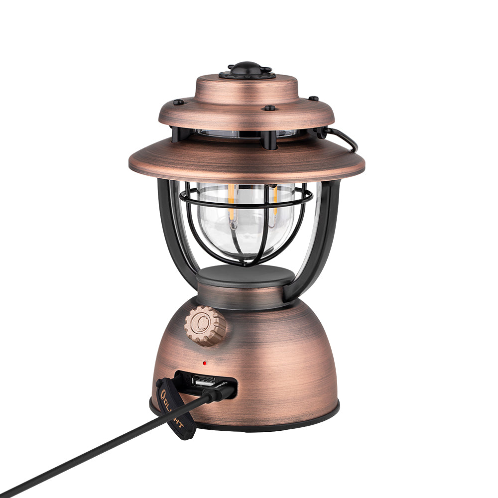Olight Bronze Olantern Classic 2 Pro with USB Cable Plugged in for Charging and Outdoor Lighting