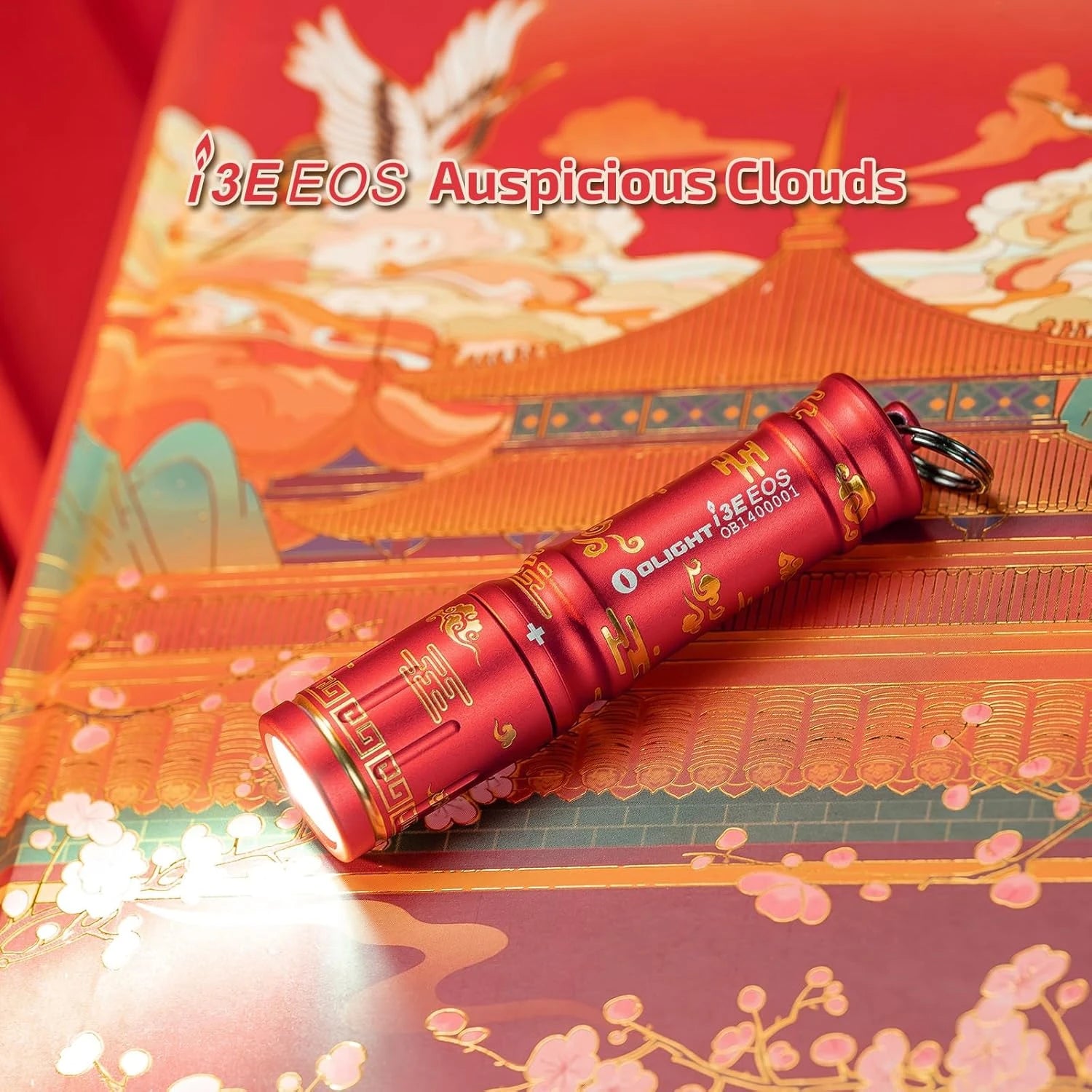 Olight Red I3E EOS Auspicious Clouds Flashlight Side View with Gold Accents for Everyday Carry