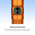 Orange flashlight with micro-perforated brightness, battery indicators, and a lockout icon for instant information.