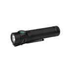 Black compact LED flashlight with green button, textured grip, and pocket clip on white background