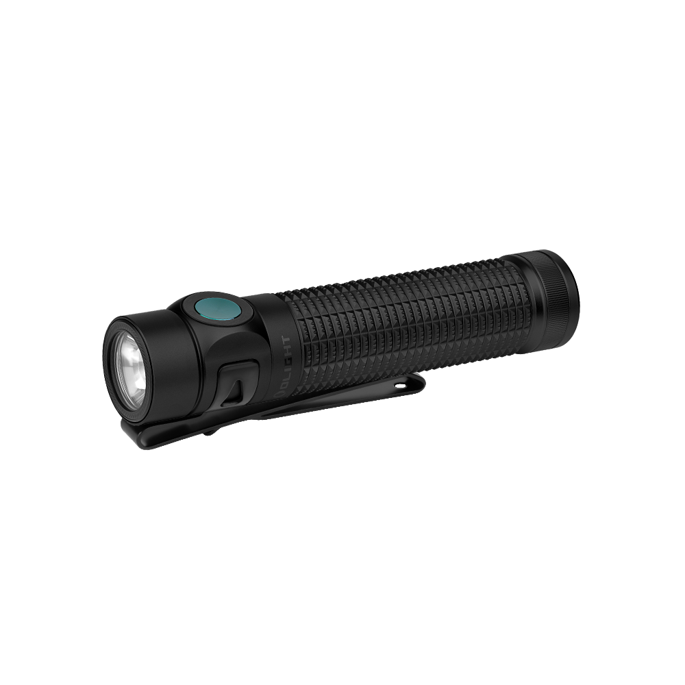 Olight Warrior Mini 3 compact tactical flashlight with black body, teal side switch, and dual-direction pocket clip