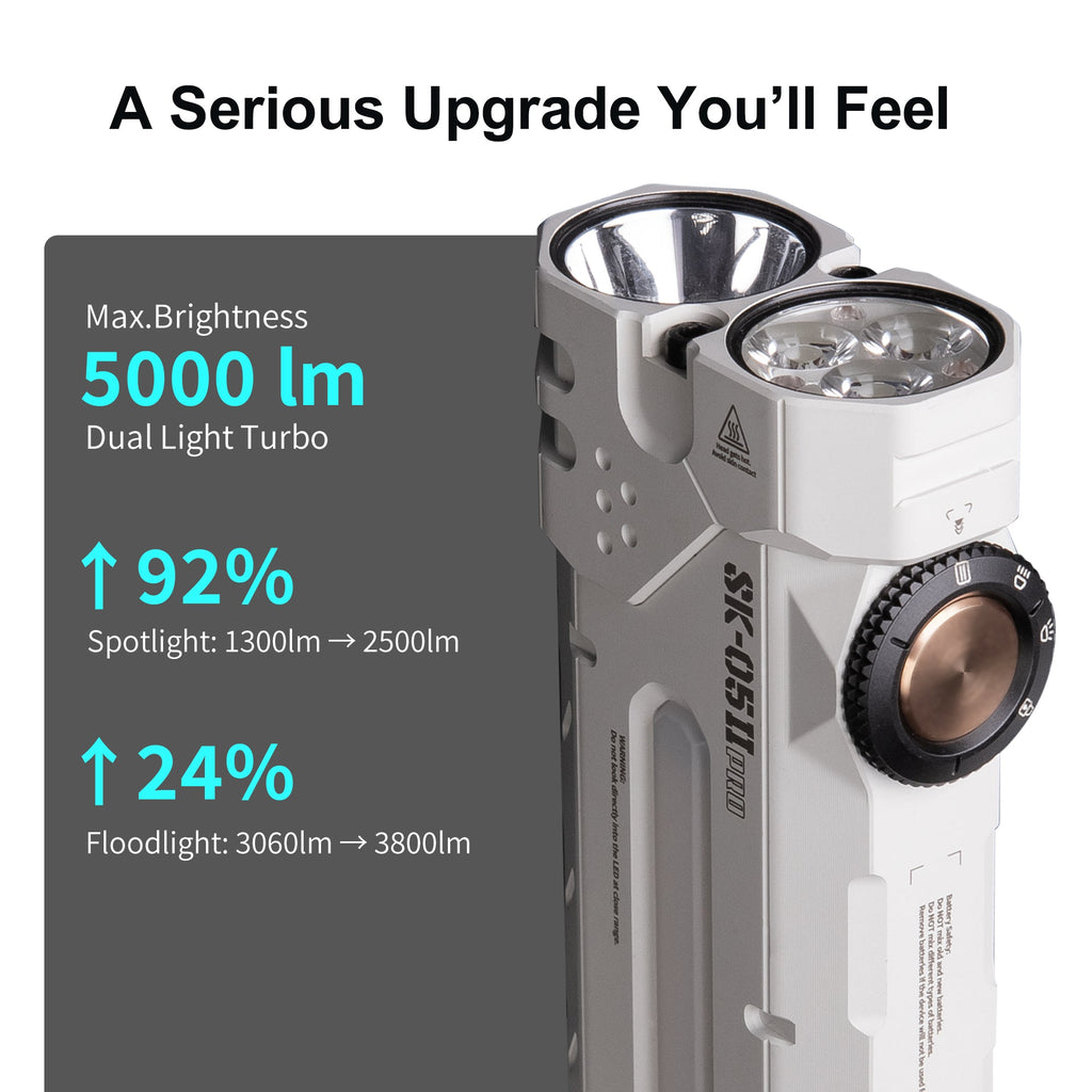 SK05 Pro 2 output upgrade chart: 5,000 lumen dual-light turbo, 2,500 lm spotlight and 3,800 lm floodlight