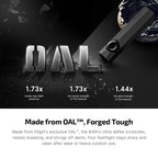Olight ArkPro Ultra flashlight with OAL material showing strength comparison to aluminum and titanium