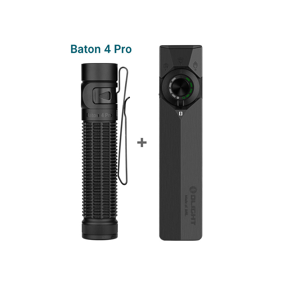 Olight Baton 4 Pro black flashlight and charging case, white background.
