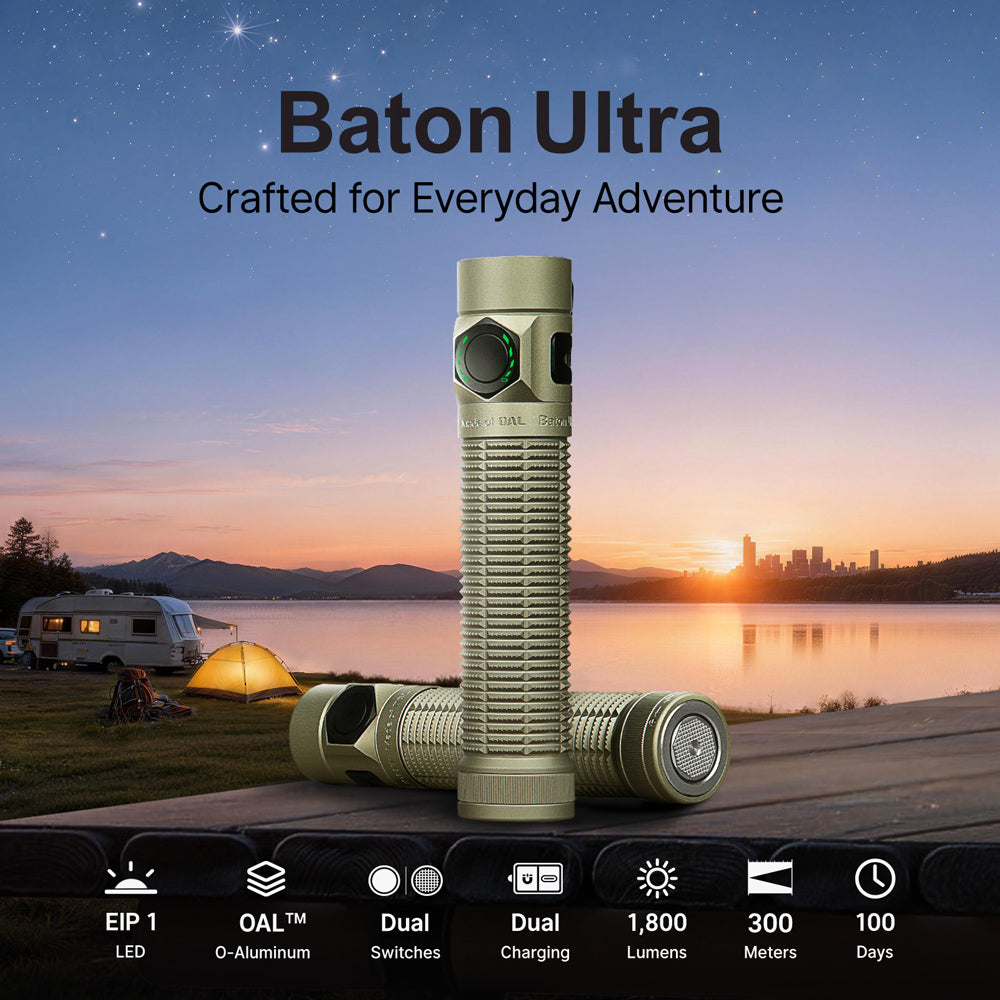 Olight Baton Ultra key specs: 1,800 lumens, 300 m throw, EIP 1 LED and dual switch