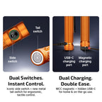 Orange flashlight with side and tail switches, USB-C and magnetic charging ports.