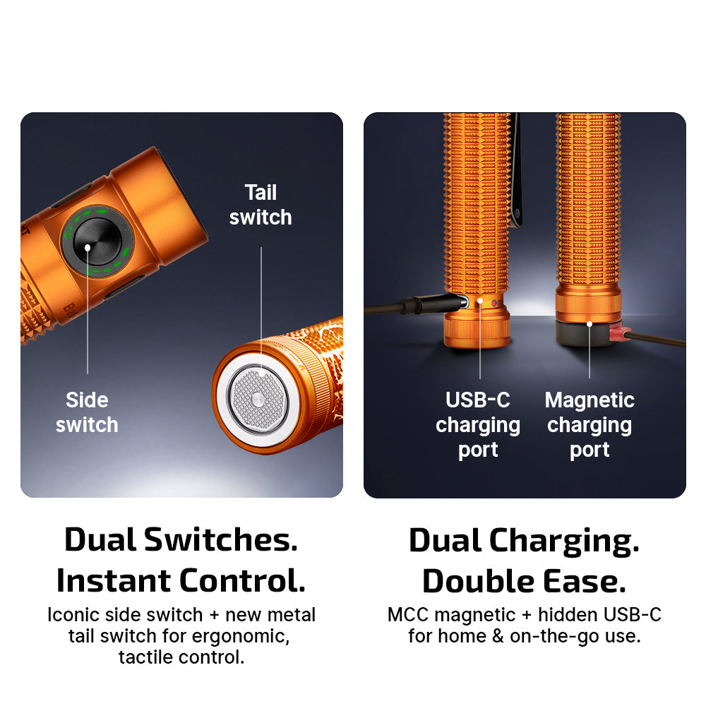 Orange flashlight with side and tail switches, USB-C and magnetic charging ports.