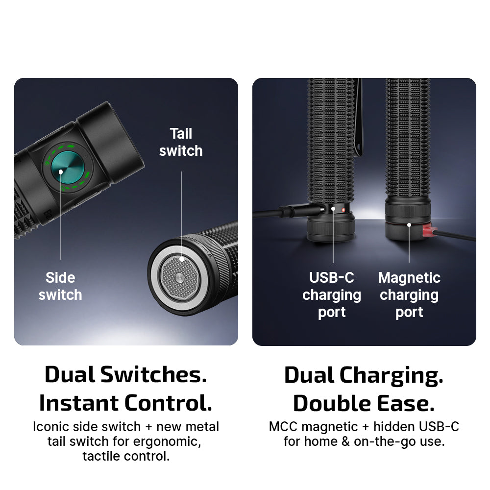 Olight Baton 4 Pro dual switches with USB-C and magnetic charging