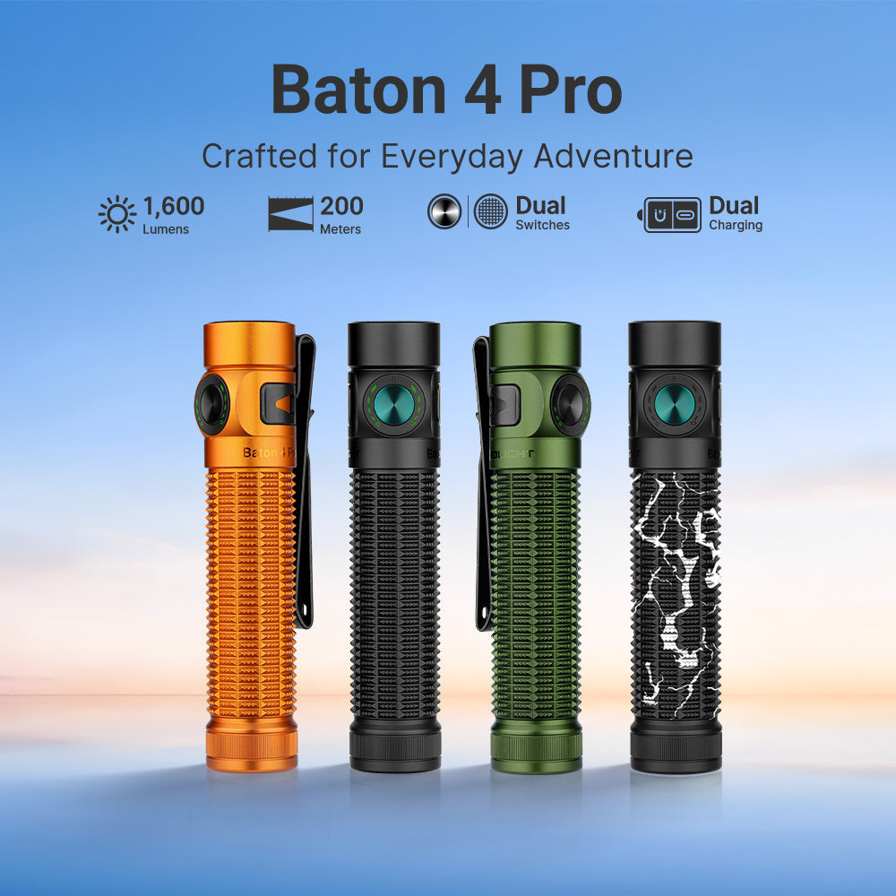 Olight Baton 4 Pro flashlights in orange, black, green, and black/white lightning pattern, featuring 1600 lumens, 200 meters beam distance, dual switches, and dual charging.