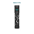 Black Olight Baton 4 Pro tactical flashlight, white lightning pattern, green button, compact EDC light.