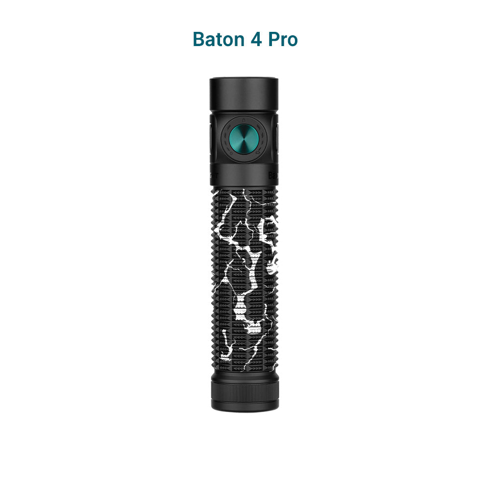 Baton 4 Pro black flashlight with a white and black crackle pattern, and a teal button.