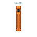 Orange Olight Baton 4 Pro flashlight with textured grip and black button on a white background