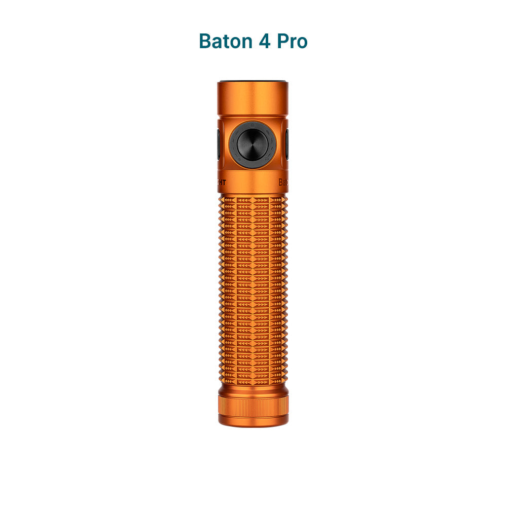 Orange Olight Baton 4 Pro EDC flashlight with textured body and black side switch
