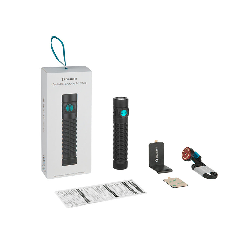 Olight Baton 4 Pro package contents with MCC3 cable and L Stand