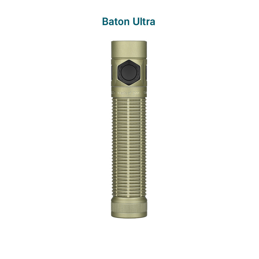 Olight Baton Ultra EDC flashlight in Olive Green standing upright
