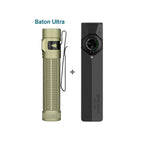 Olight Baton Ultra flashlight and Baton Ultra charger, desert tan flashlight with black clip, black charger