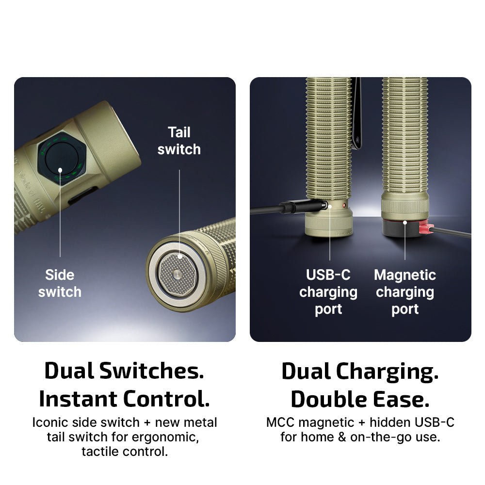 Baton Ultra dual switches: side switch for brightness and tactical tail switch