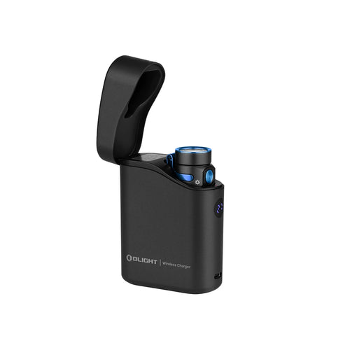 Olight Black Baton 4 Premium flashlight in open wireless charging case with digital display for portable EDC.