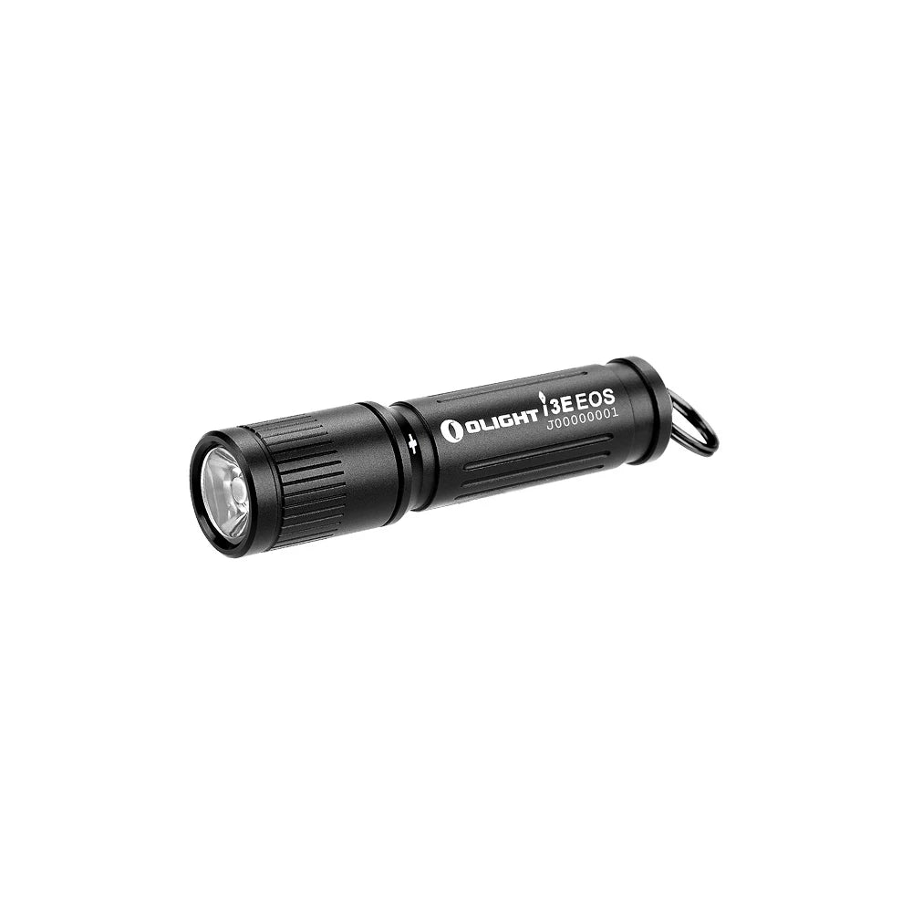 Olight Black i3E EOS Flashlight Side View with Keyring for Everyday Carry and Emergency Lighting
