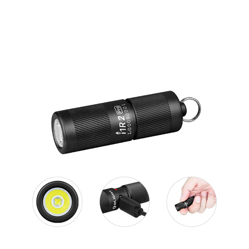 Olight Black I1R 2 Pro EOS keychain flashlight with textured body for everyday carry and emergency use