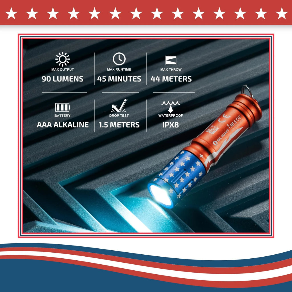 Olight I3E EOS flashlight with American flag design, 90 lumens, IPX8 waterproof for everyday carry.