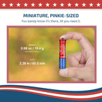 Olight I3E EOS flashlight in red and blue American flag pattern, held in hand, showing its miniature size.
