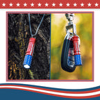 Olight I3E EOS flashlight in US flag design, shown hanging from a necklace and with a car key, for daily carry.