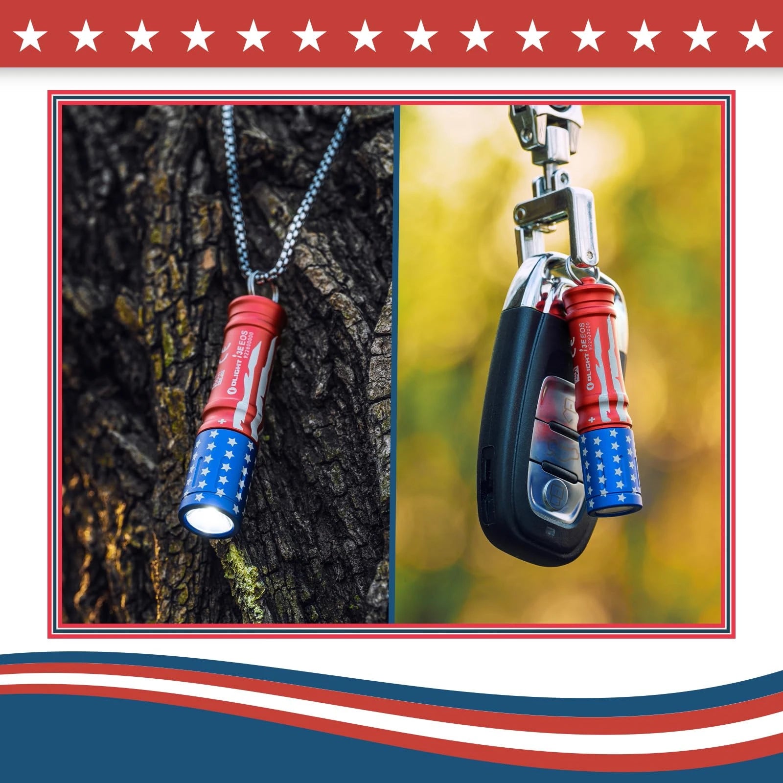 Olight I3E EOS flashlight in US flag design, shown hanging from a necklace and with a car key, for daily carry.