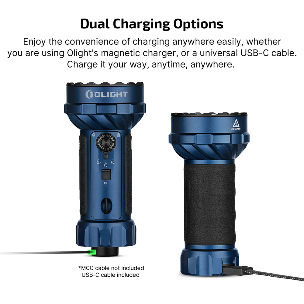 Olight Blue Marauder Mini 2 showing two flashlights with magnetic and USB-C charging options for versatile power.