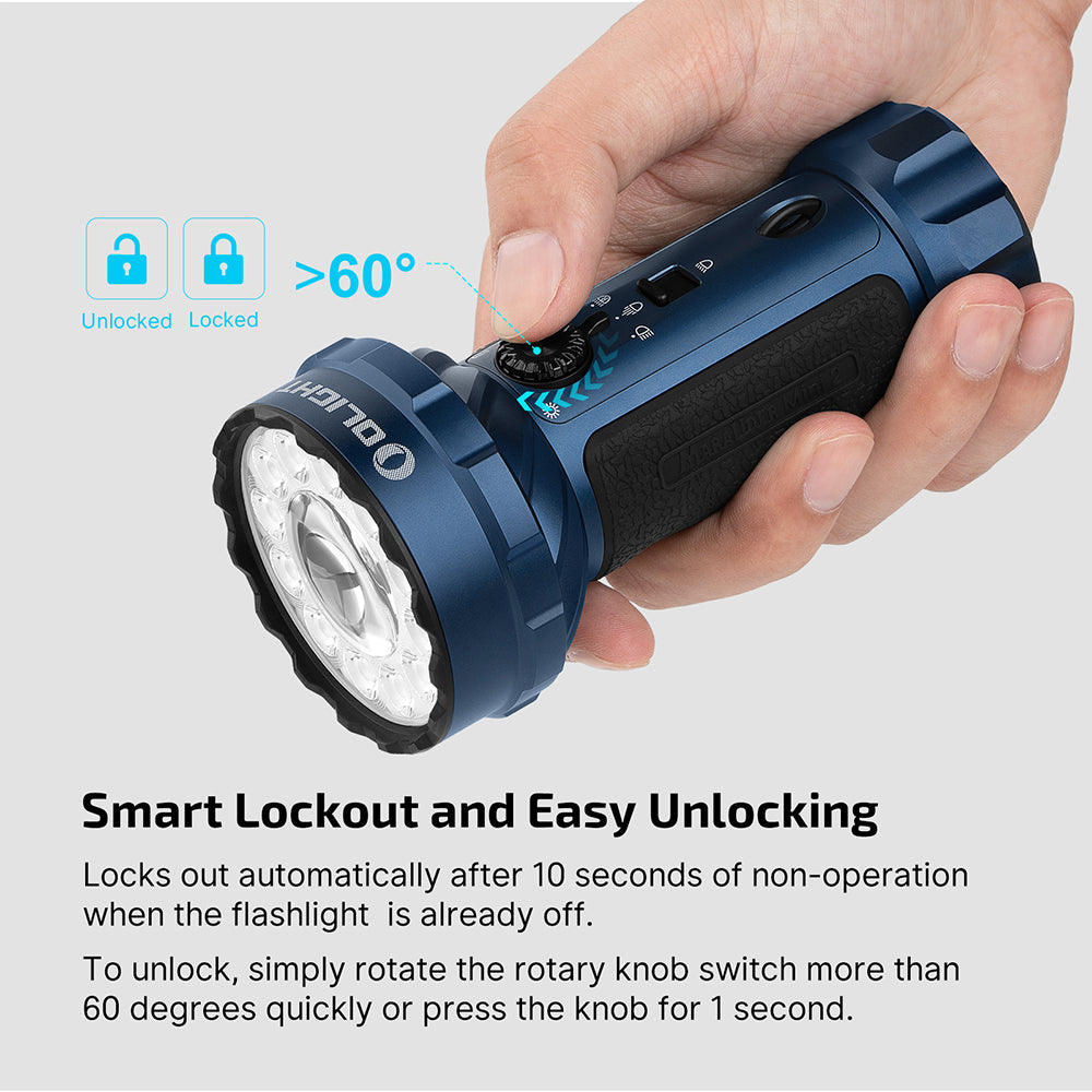 Olight Blue Marauder Mini 2 Flashlight Hand Holding View with Rotary Switch for Smart Lockout and Easy Unlocking