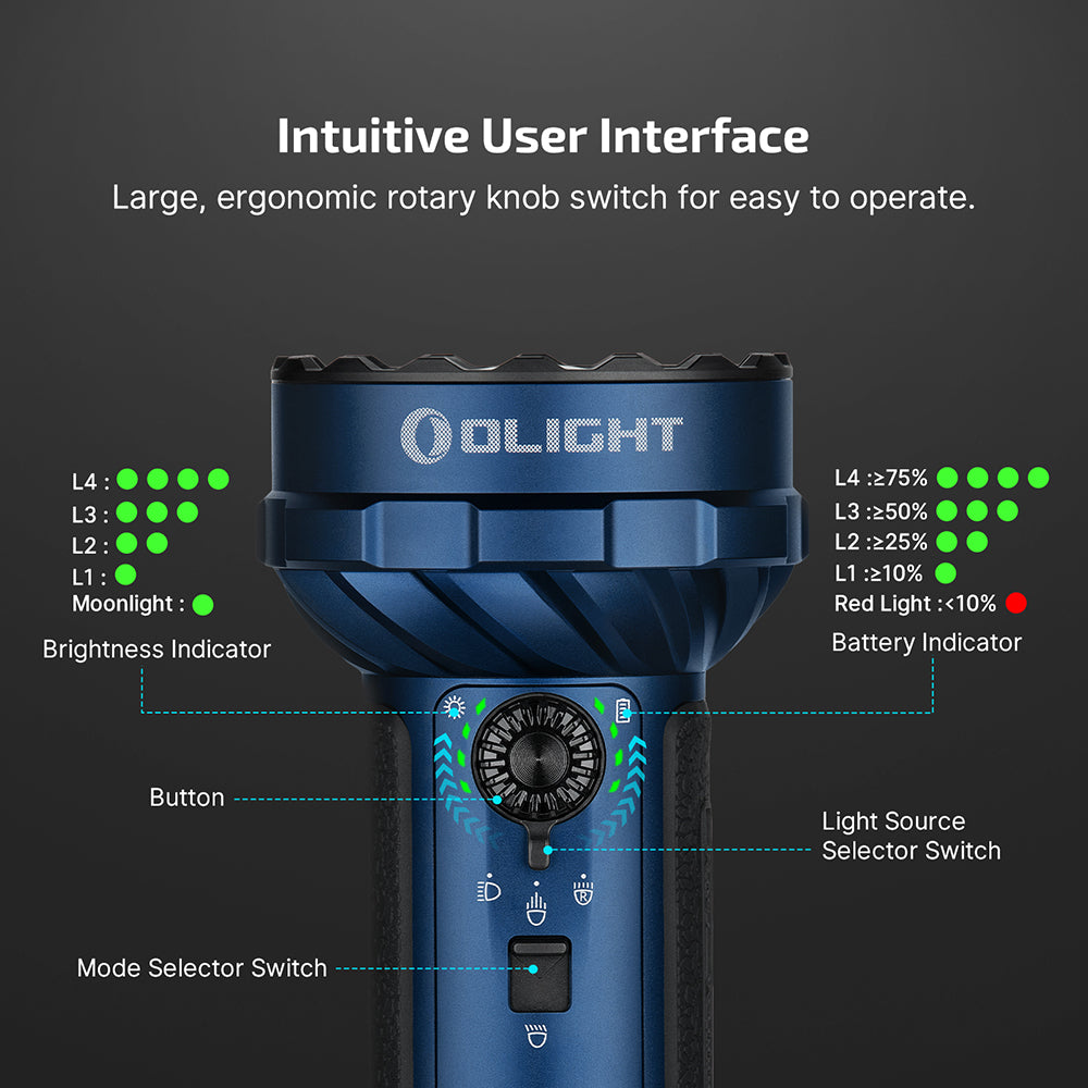 Olight Blue Marauder Mini 2 flashlight with intuitive rotary knob switch, brightness, and battery indicators for easy operation.