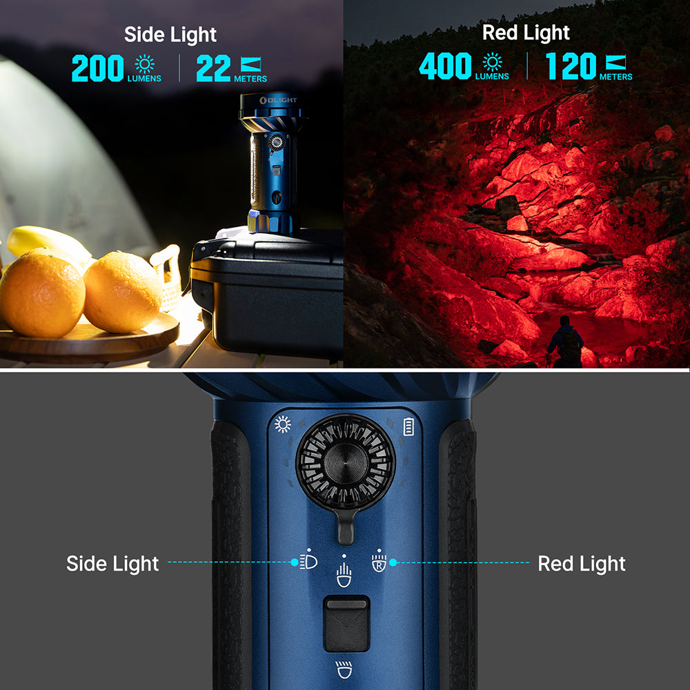 Olight Blue Marauder Mini 2 flashlight with side and red light modes for camping and night exploration.