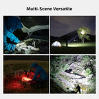 Olight Marauder Mini 2 flashlight illuminating car engine, tent camping, red light for night vision, and stream hiking scenes, highlighting its multi-scene versatility.