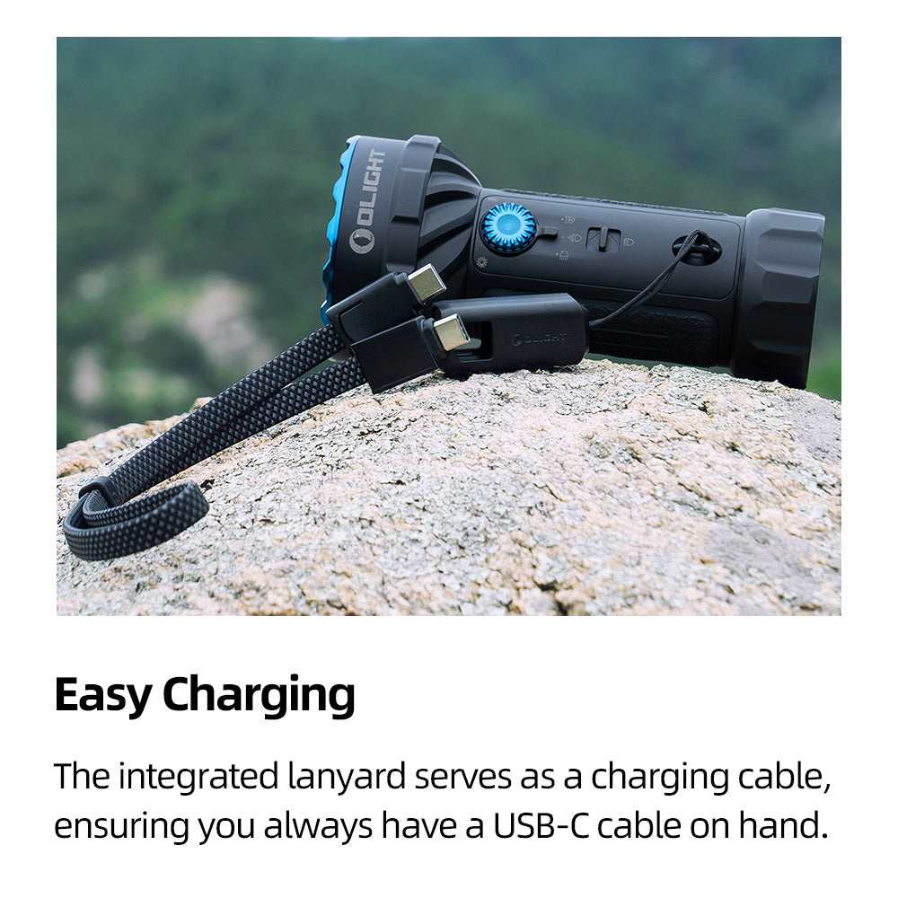 Olight Marauder Mini 2 flashlight with integrated USB-C charging lanyard for convenient power on the go.