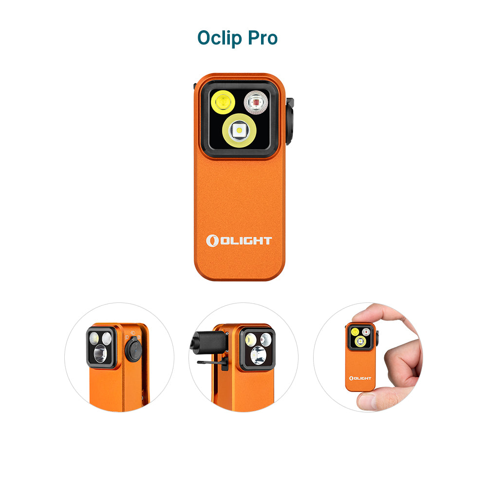 Olight Orange Oclip Pro Magnetic Clip Light Front View with Multiple LEDs and Rotating Head for Hands-Free Lighting