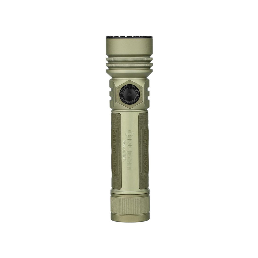 Olight Seeker Ultra olive green LED flashlight with textured grip and rotary switch