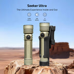 Olight Seeker Ultra with holster showing 4800 lumens and 265 metre beam distance