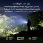 Olight Seeker Ultra 4800 lumen beam lighting up a dark hillside at night