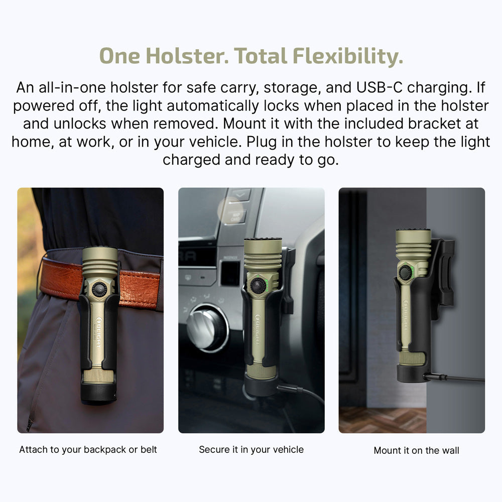 Olight Seeker Ultra holster mounted on belt, in a car and on a wall bracket